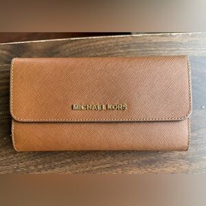 Michael Kors Cognac Saffiano Continental Wallet with Gold Logo